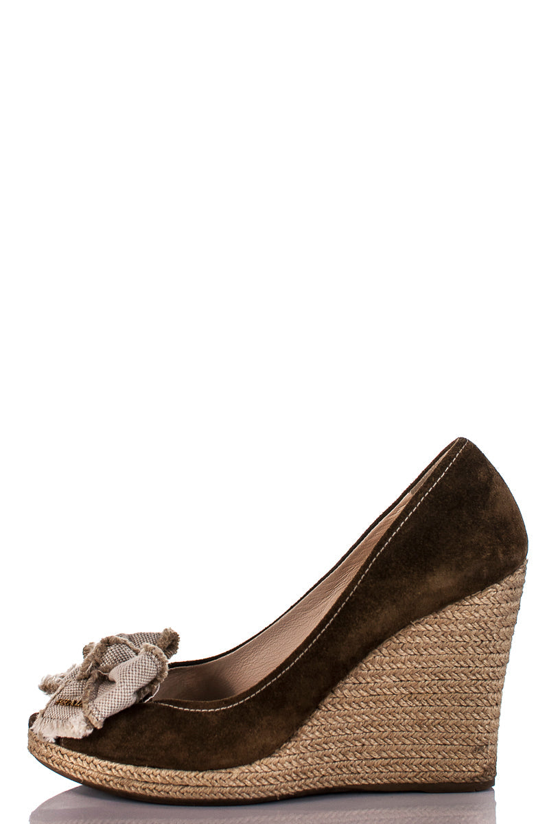 Prada Sport Brown Suede Peep Toe Espadrille Wedge Sandals Size US 8.5 | EU 38.5