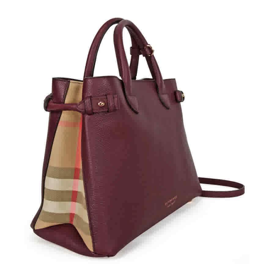 A Burberry The Medium Banner Leather House Check Handbag - Mahogany Red