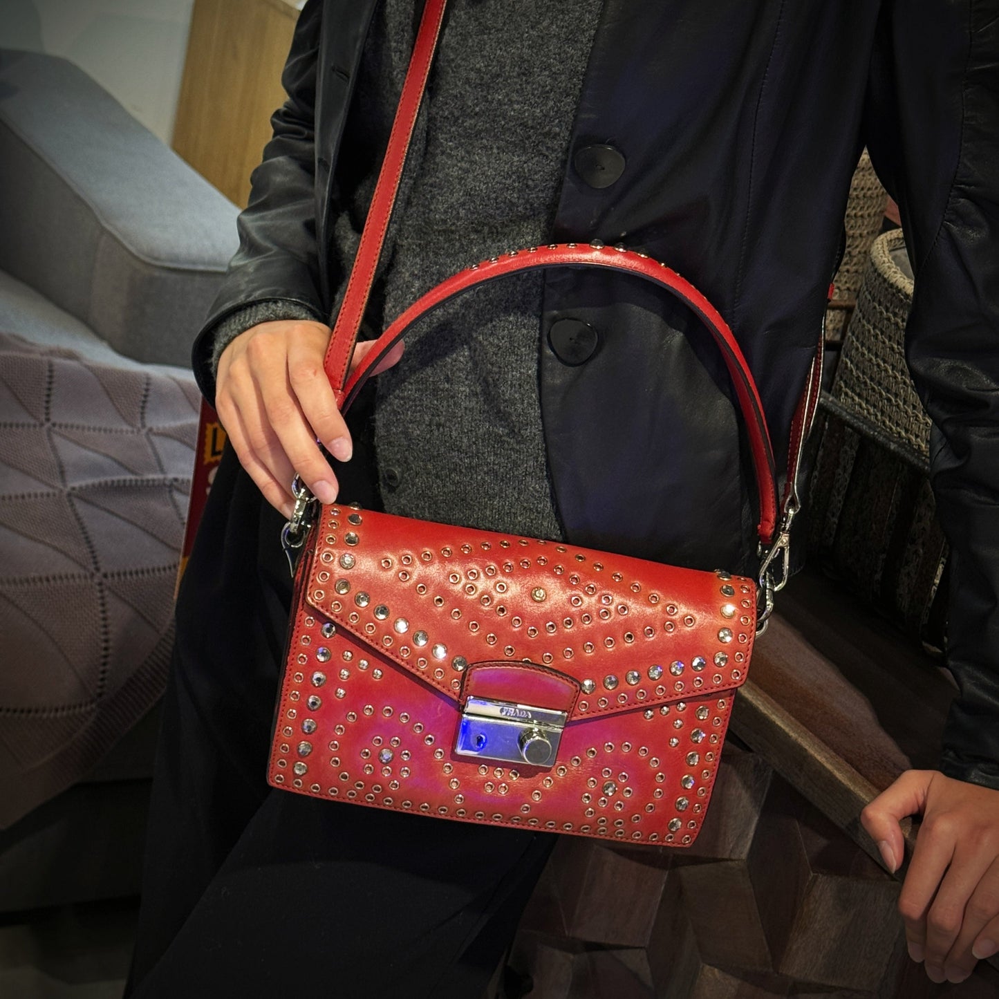 Prada Studded Grommet Sound Lock Crossbody Bag TWS
