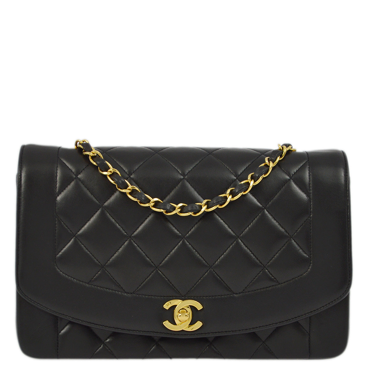Chanel 1991-1994 Black Lambskin Medium Diana Shoulder Bag