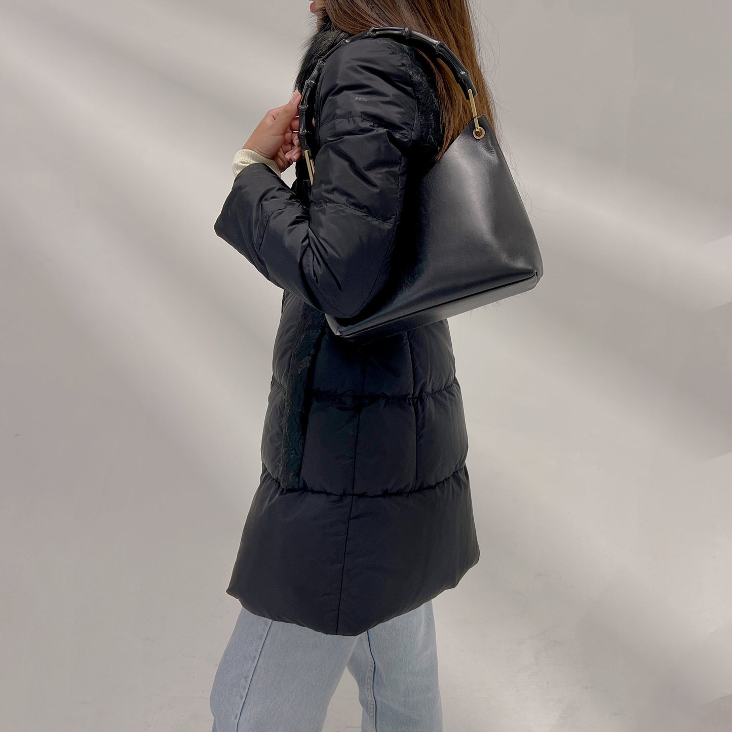 Prada Black Ladies Puffer with Blue Fox Collar