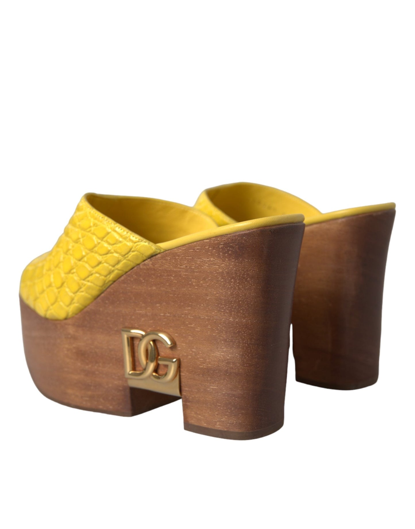 Dolce & Gabbana Yellow Leather Wood Mule Wedge Slides Women's Shoes