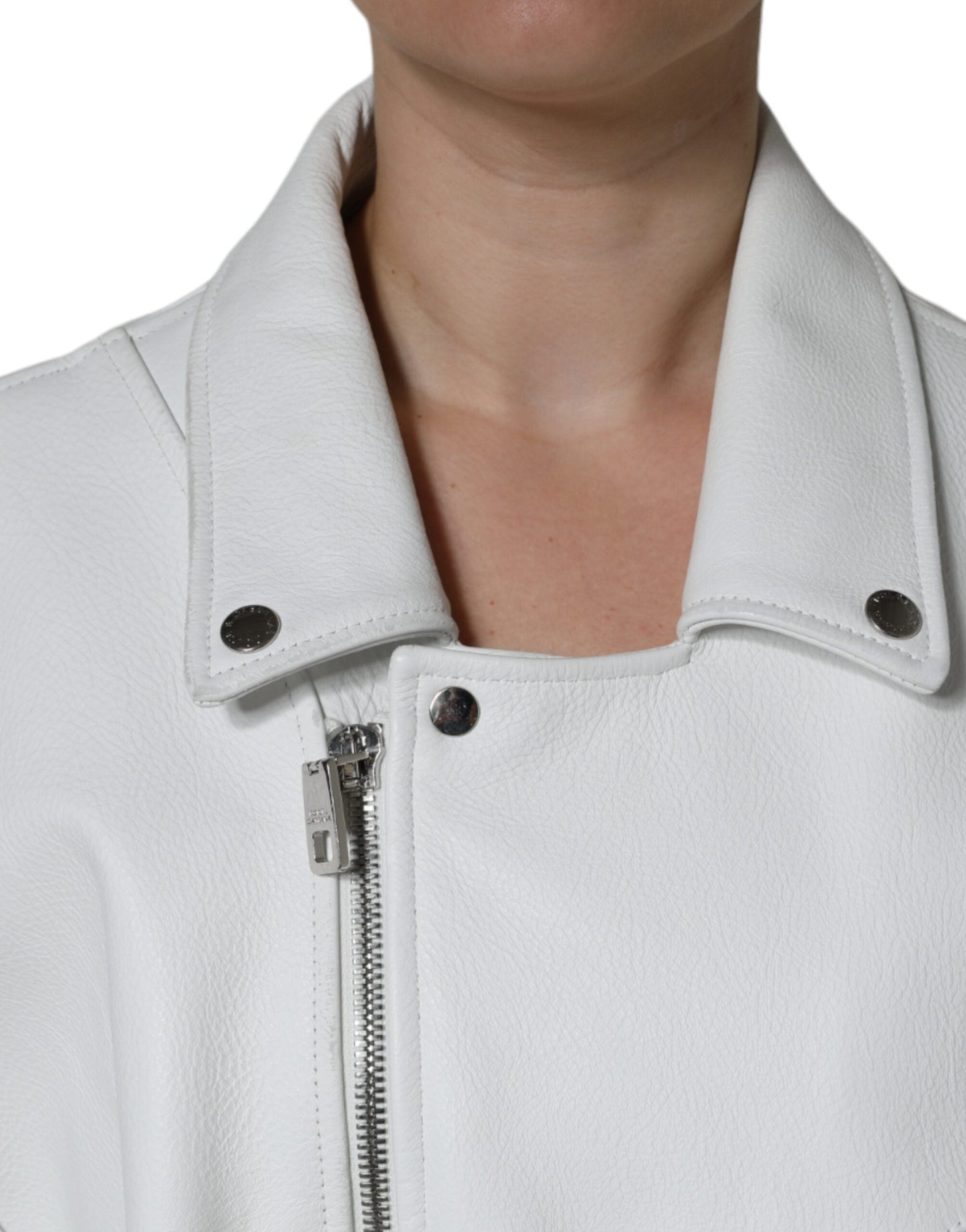 Dolce & Gabbana White Lambskin Leather Biker Coat Women's Jacket ()