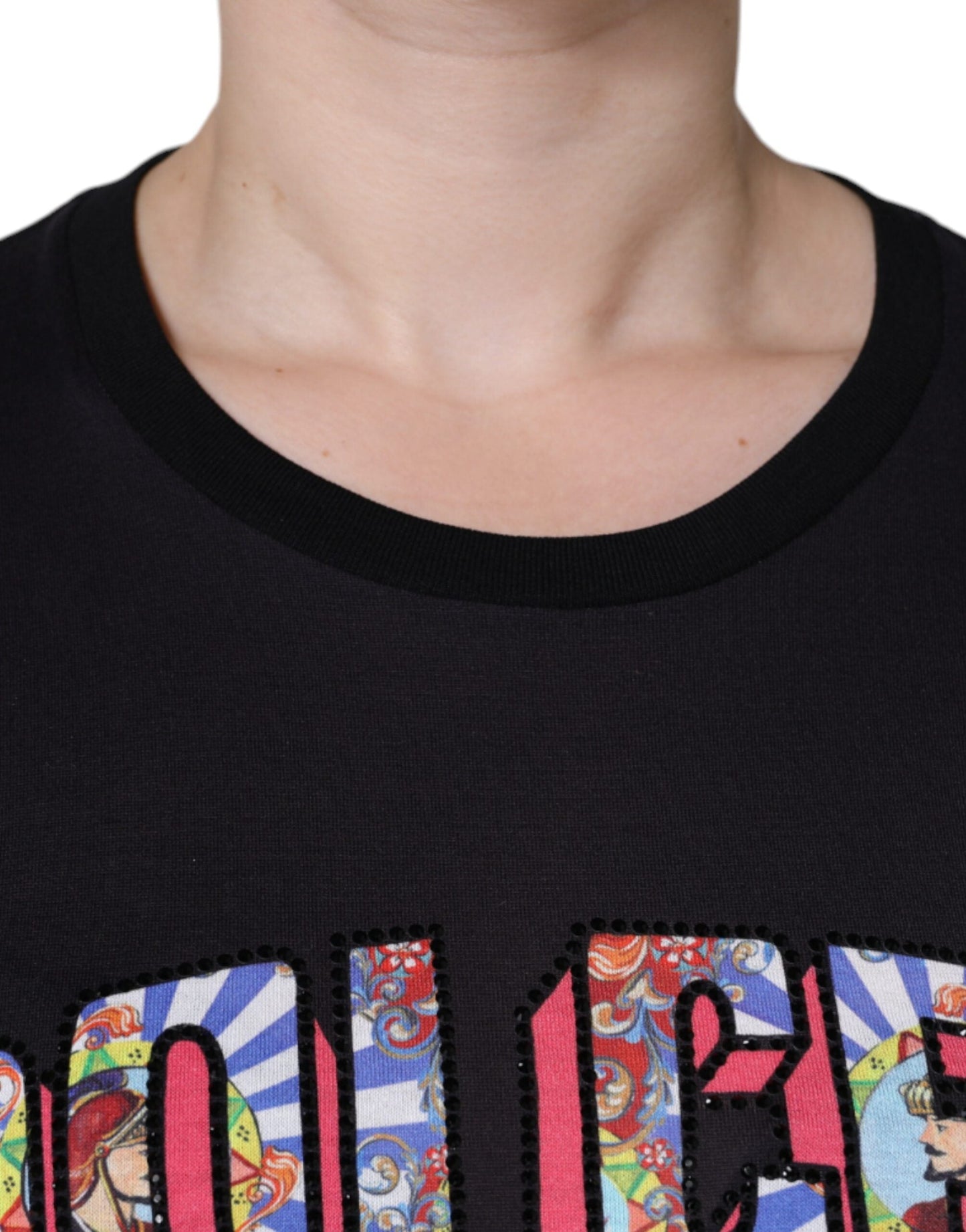 Dolce & Gabbana Black Cotton Logo Print Round Neck Women's T-shirt