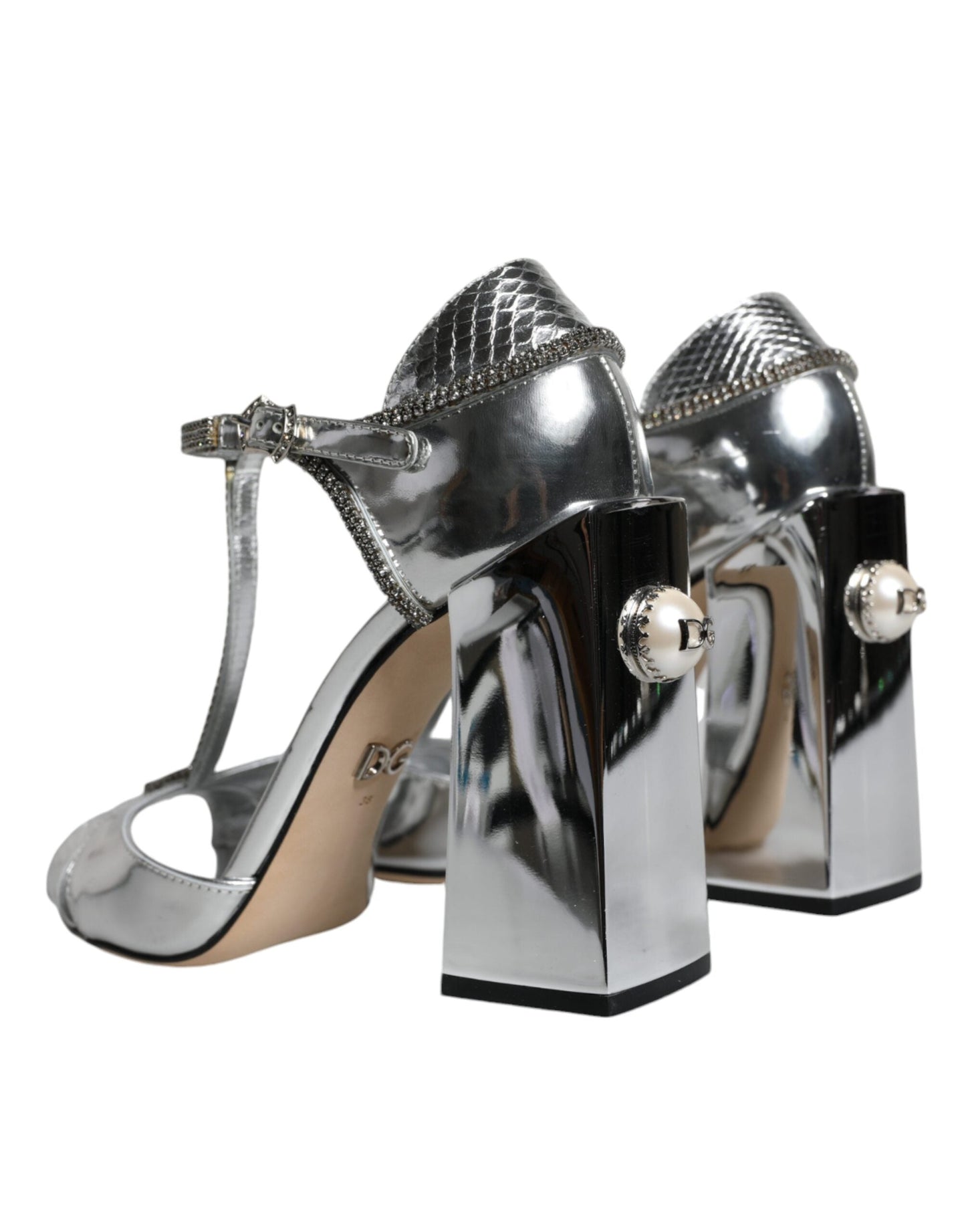 Dolce & Gabbana Silver Leather T-strap Heels Sandals Women's Shoes ()