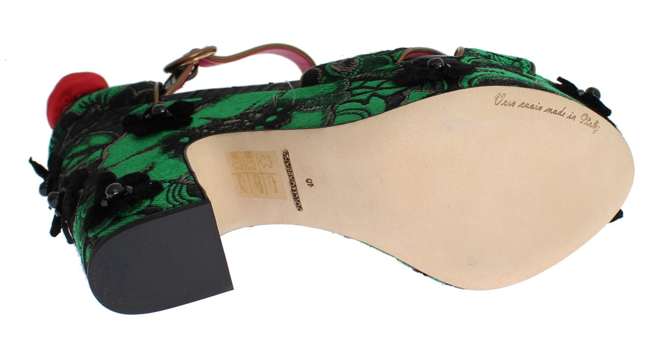 Dolce & Gabbana Green Brocade Snakeskin Roses Crystal Women's Shoes