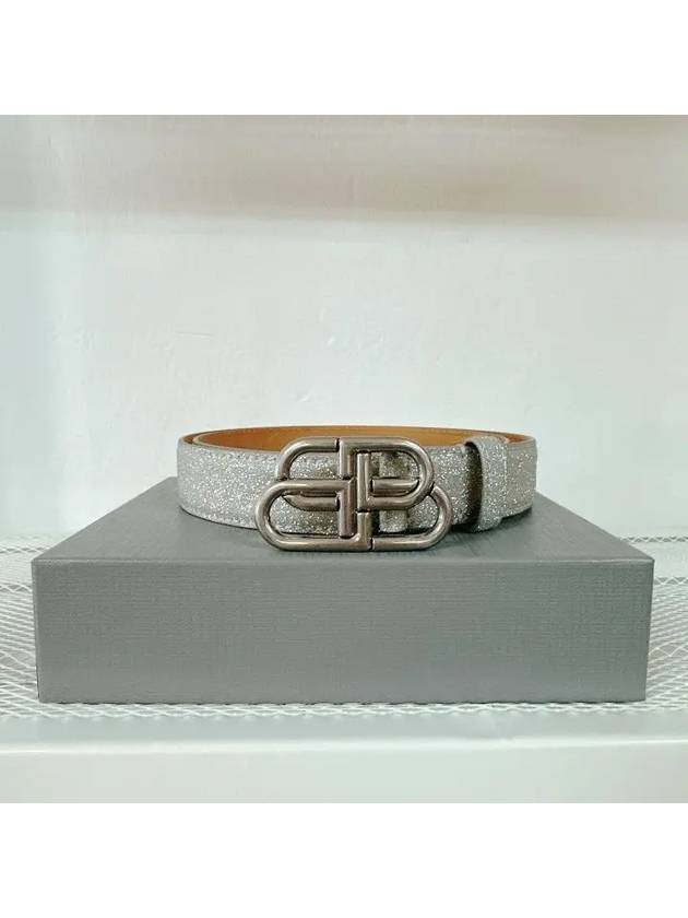 Balenciaga BB Buckle Glitter Calf Leather Belt Silver