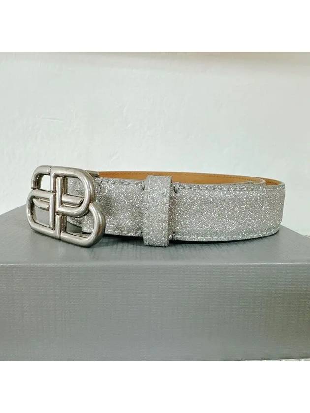 Balenciaga BB Buckle Glitter Calf Leather Belt Silver