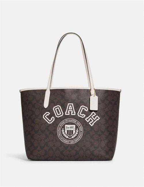 Coach City Tote In Signature Canvas With Varsity Motif