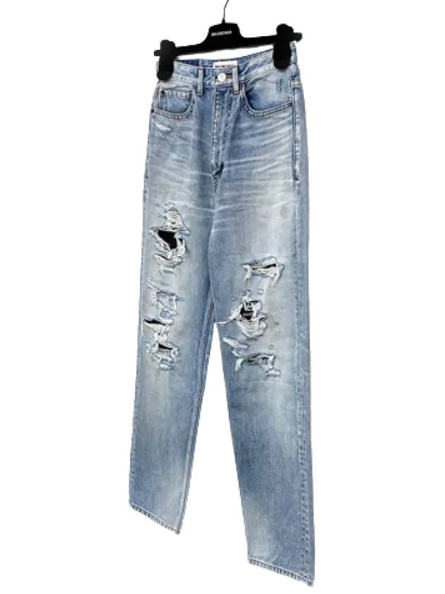 Balenciaga Women's Distressed Denim Straight Jeans Vintage Blue