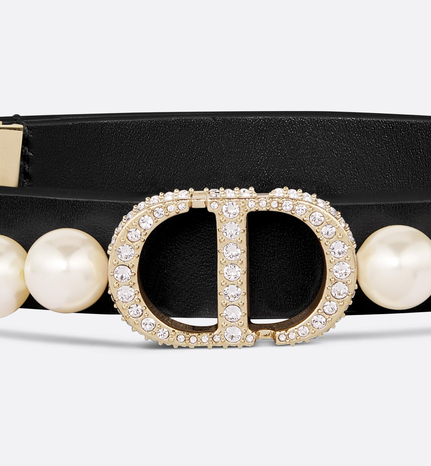 30 Montaigne Pearls Belt Black Smooth Calfskin White Resin Pearls And Crystals 15 mm