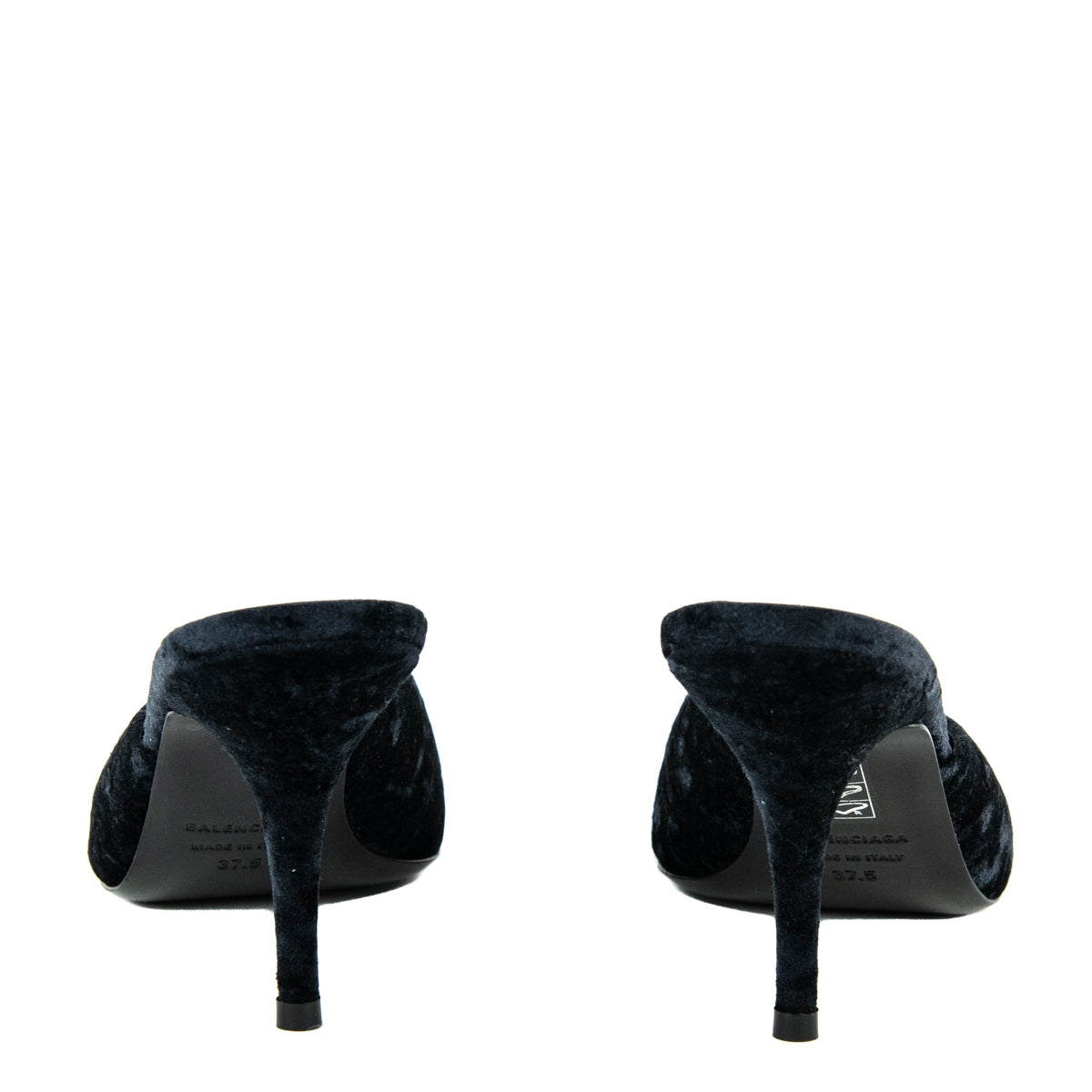 Balenciaga Black Crushed Velvet Crystal Embellished BB Knife Mules Size US 7.5 | EU 37.5
