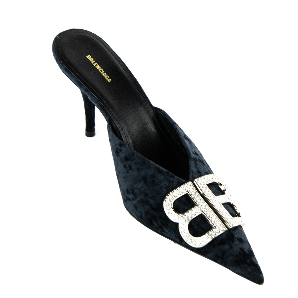 Balenciaga Black Crushed Velvet Crystal Embellished BB Knife Mules Size US 7.5 | EU 37.5
