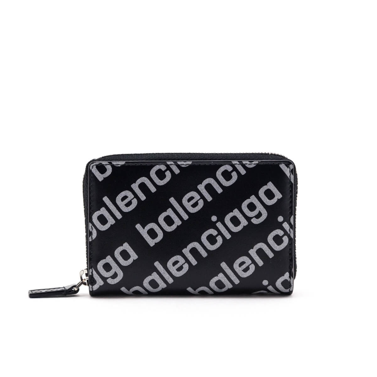 Balenciaga Black & Silver Diagonal Logo Calfskin Zip Around Compact Wallet