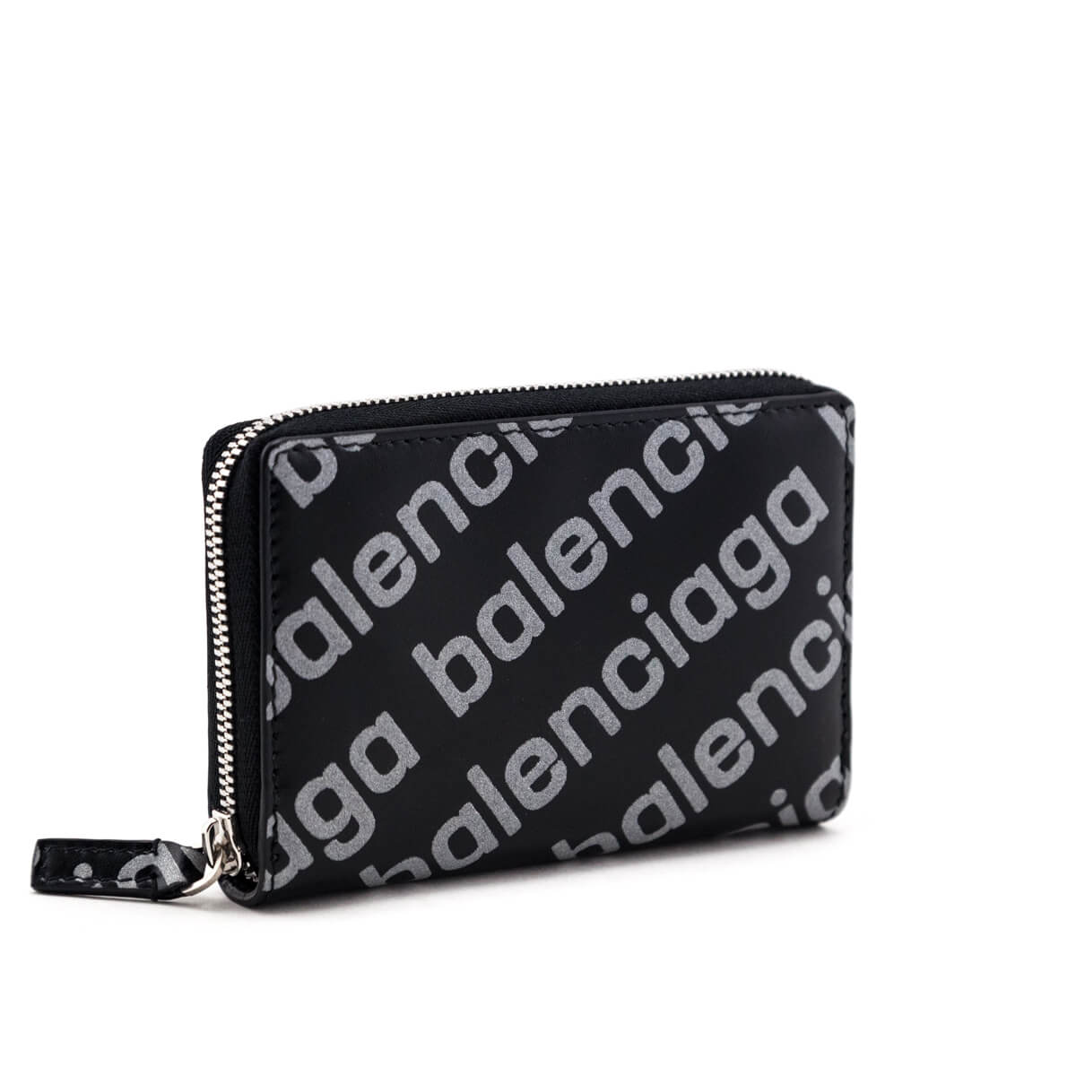Balenciaga Black & Silver Diagonal Logo Calfskin Zip Around Compact Wallet