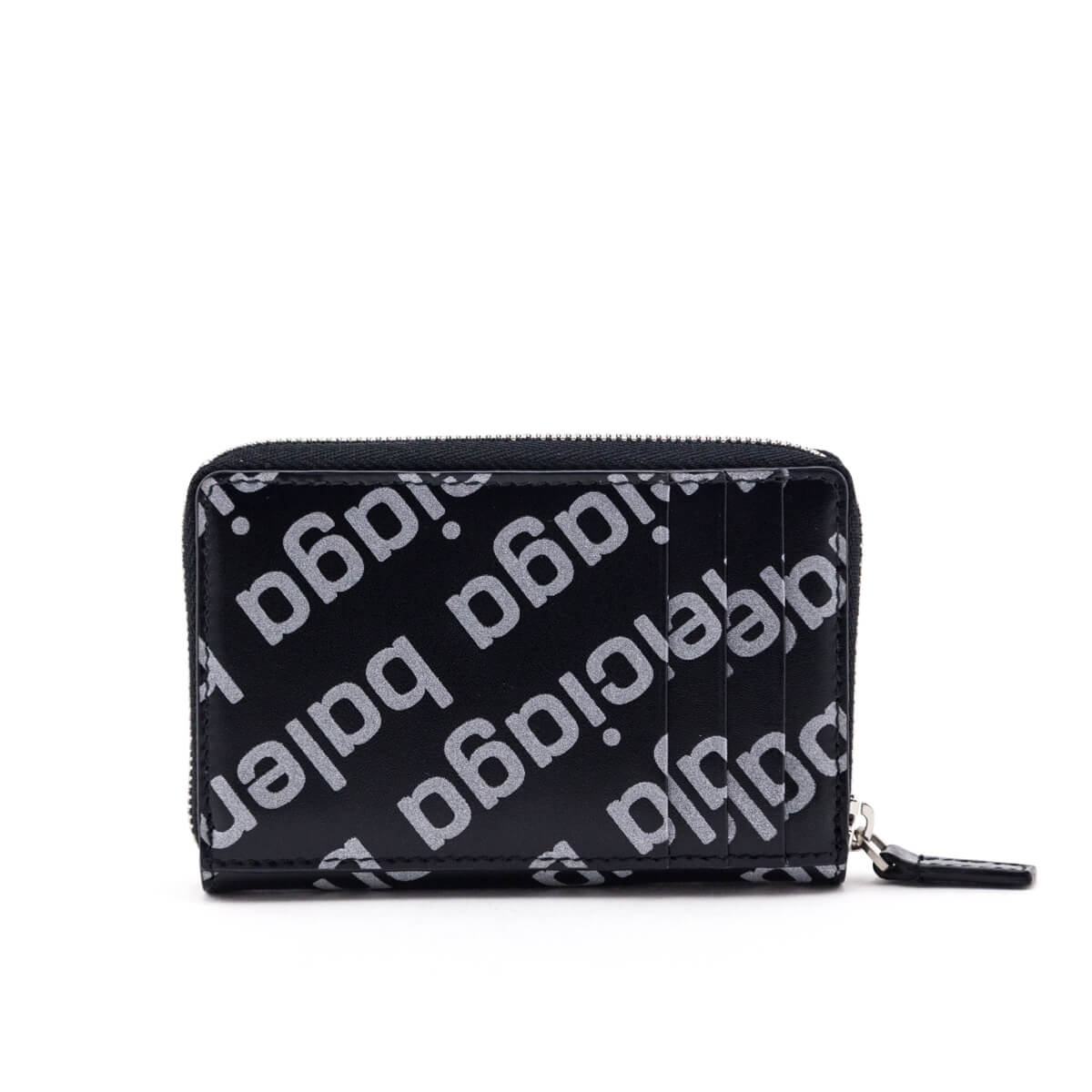 Balenciaga Black & Silver Diagonal Logo Calfskin Zip Around Compact Wallet