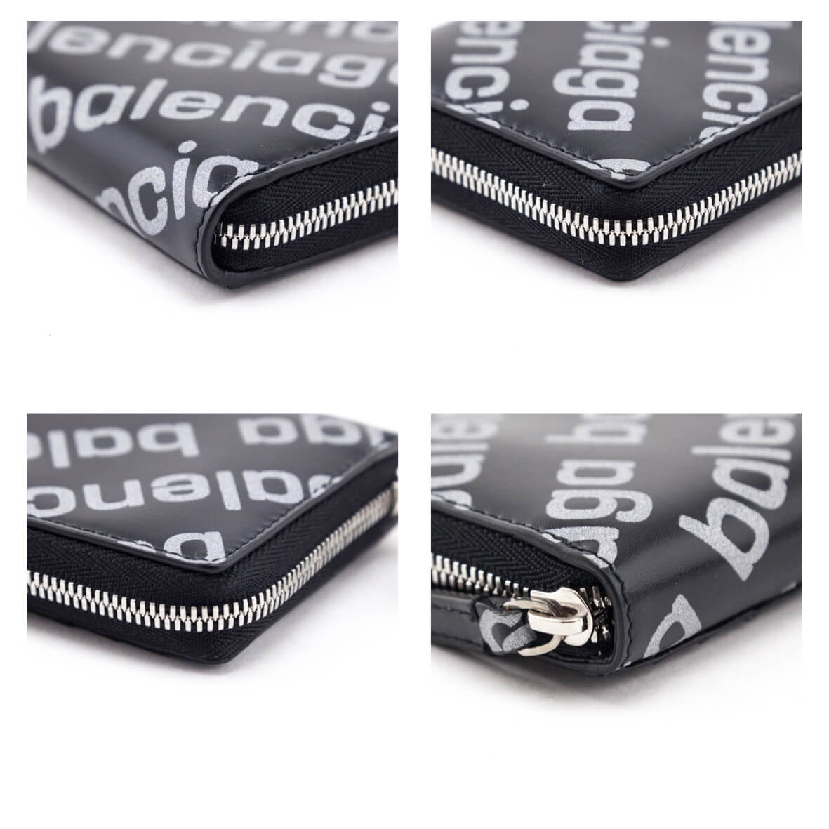 Balenciaga Black & Silver Diagonal Logo Calfskin Zip Around Compact Wallet
