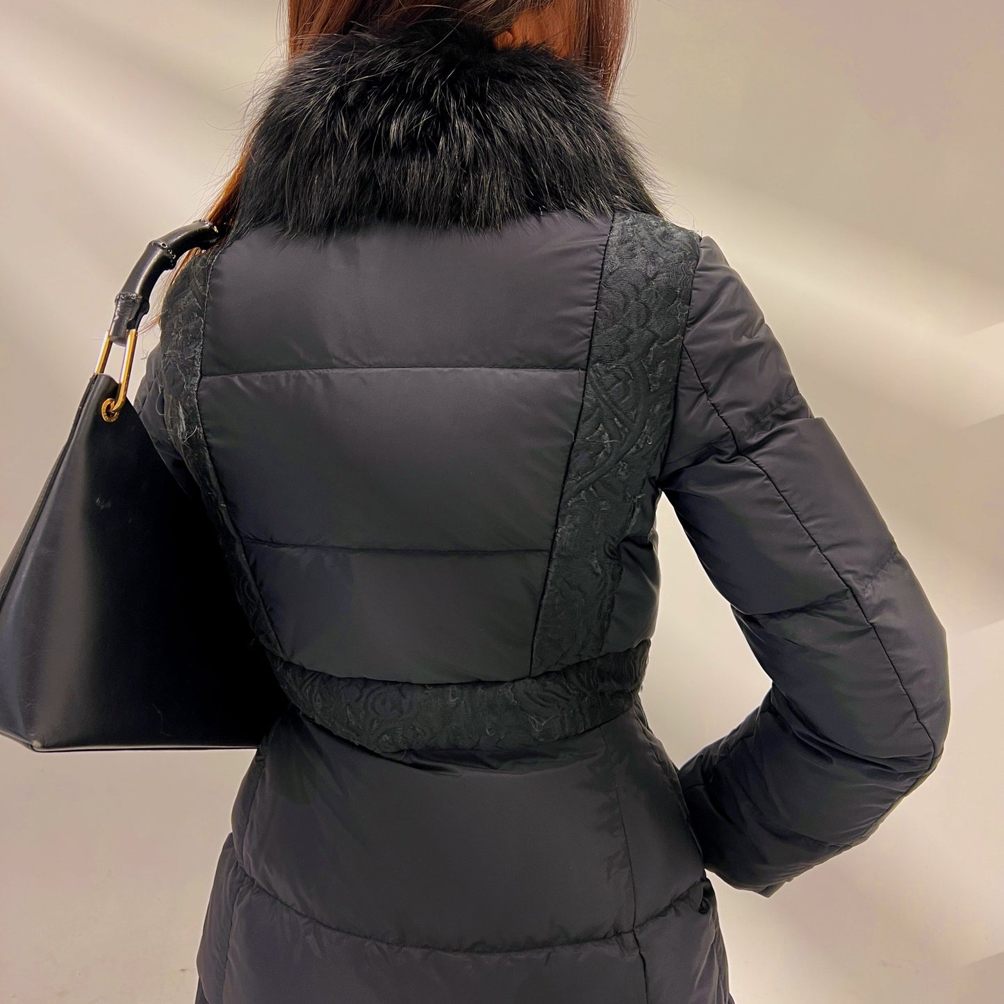 Prada Black Ladies Puffer with Blue Fox Collar