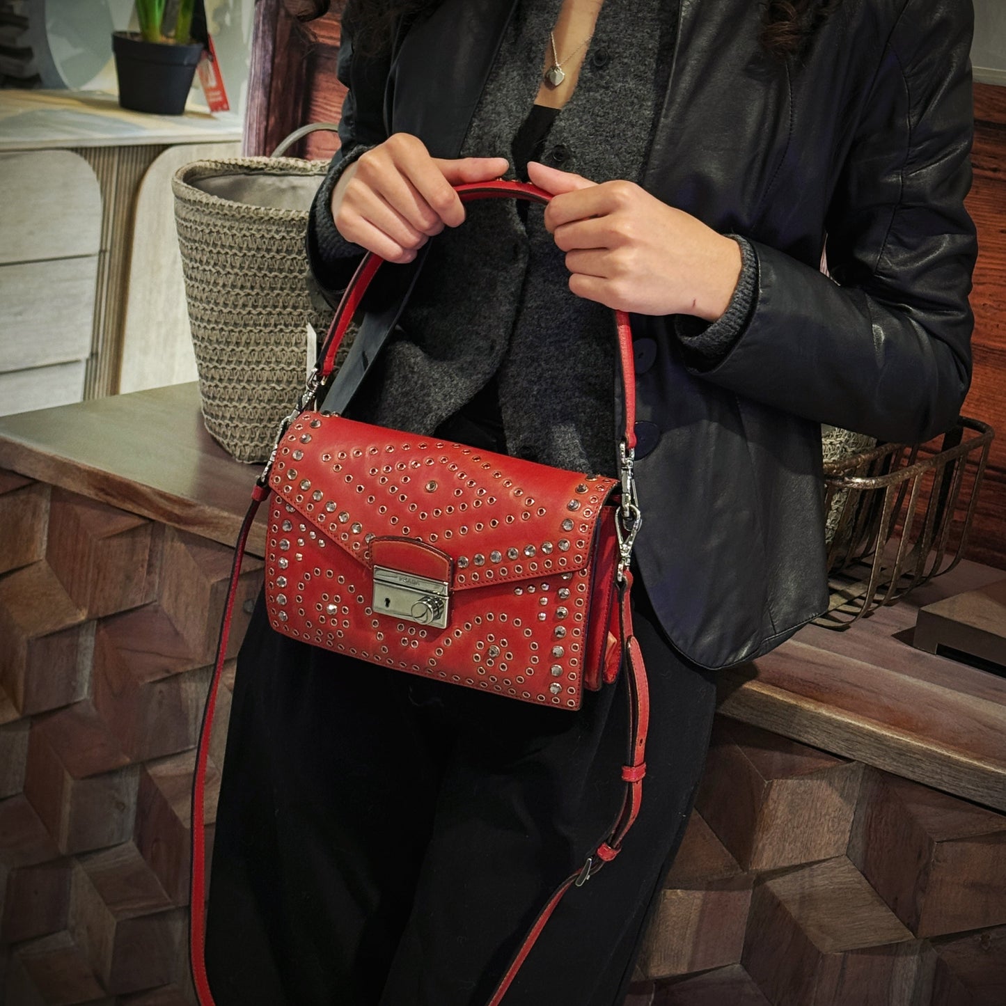 Prada Studded Grommet Sound Lock Crossbody Bag TWS