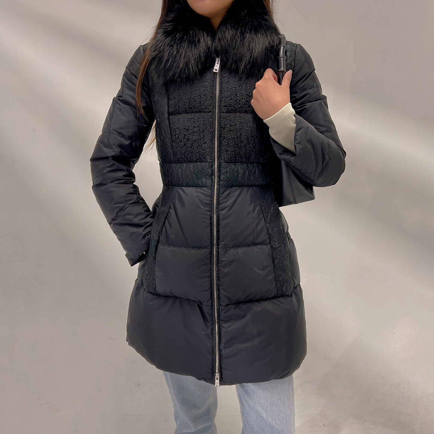 Prada Black Ladies Puffer with Blue Fox Collar