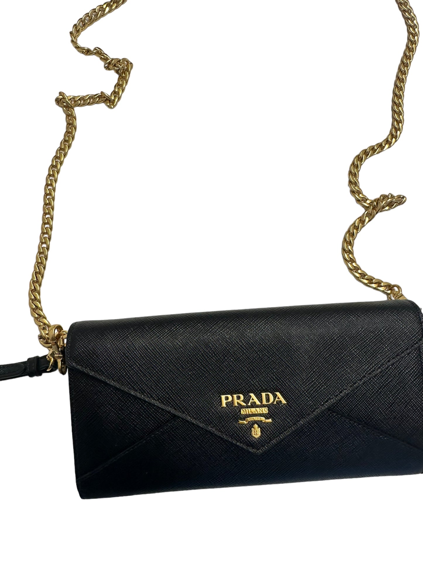 PRADA - Black Saffiano Envelope Chain Wallet