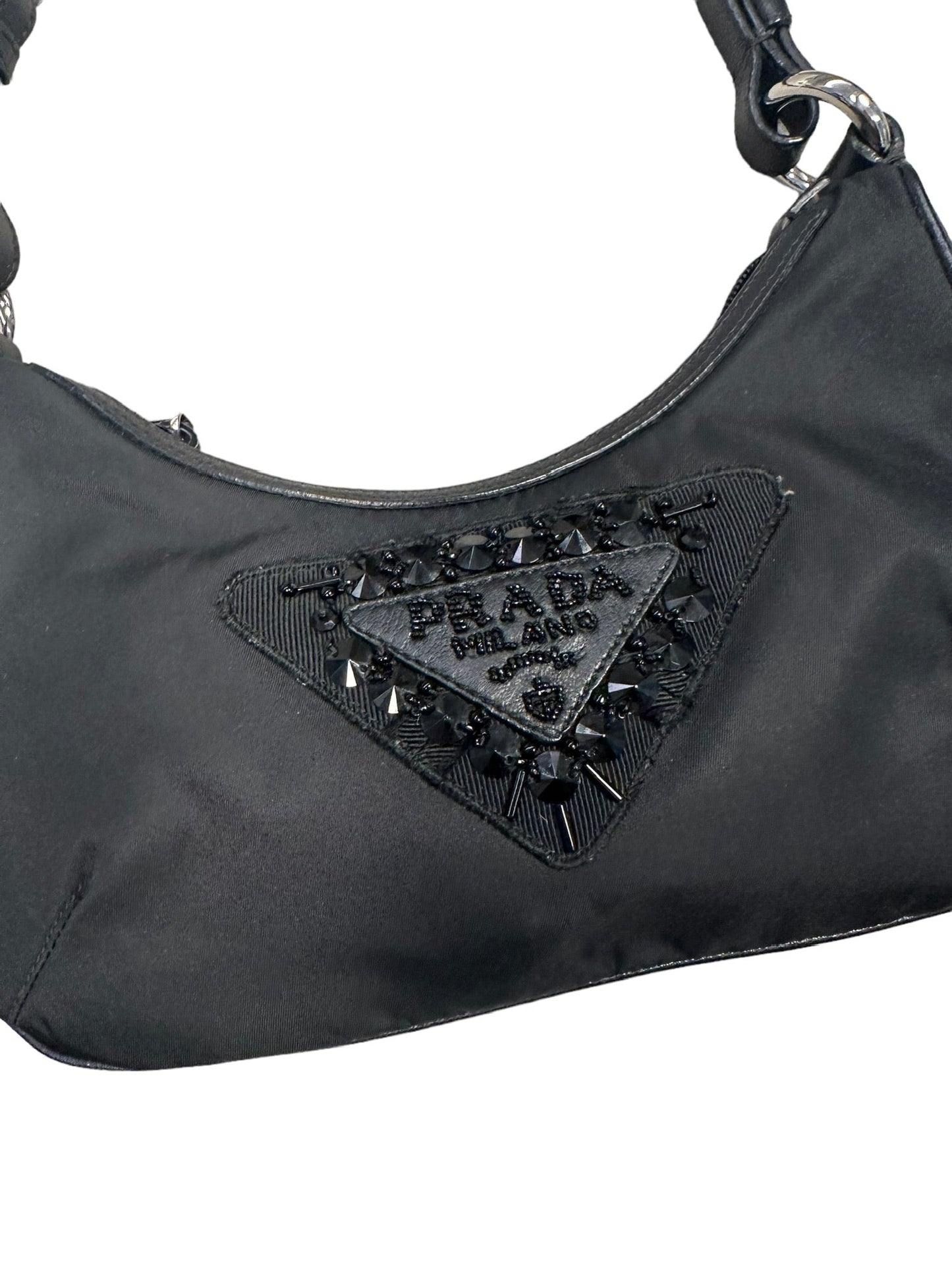 PRADA - Black Nylon Beaded Logo Pochette