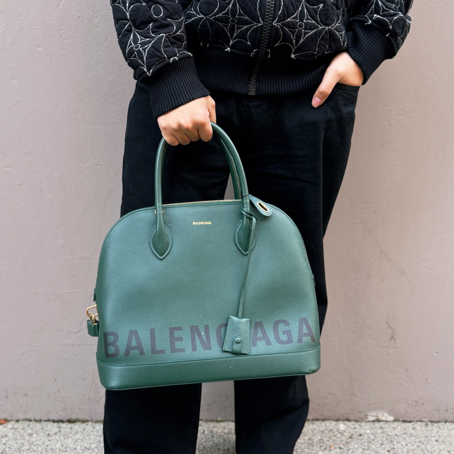 Balenciaga Logo Green Leather Ville Two-way Bag
