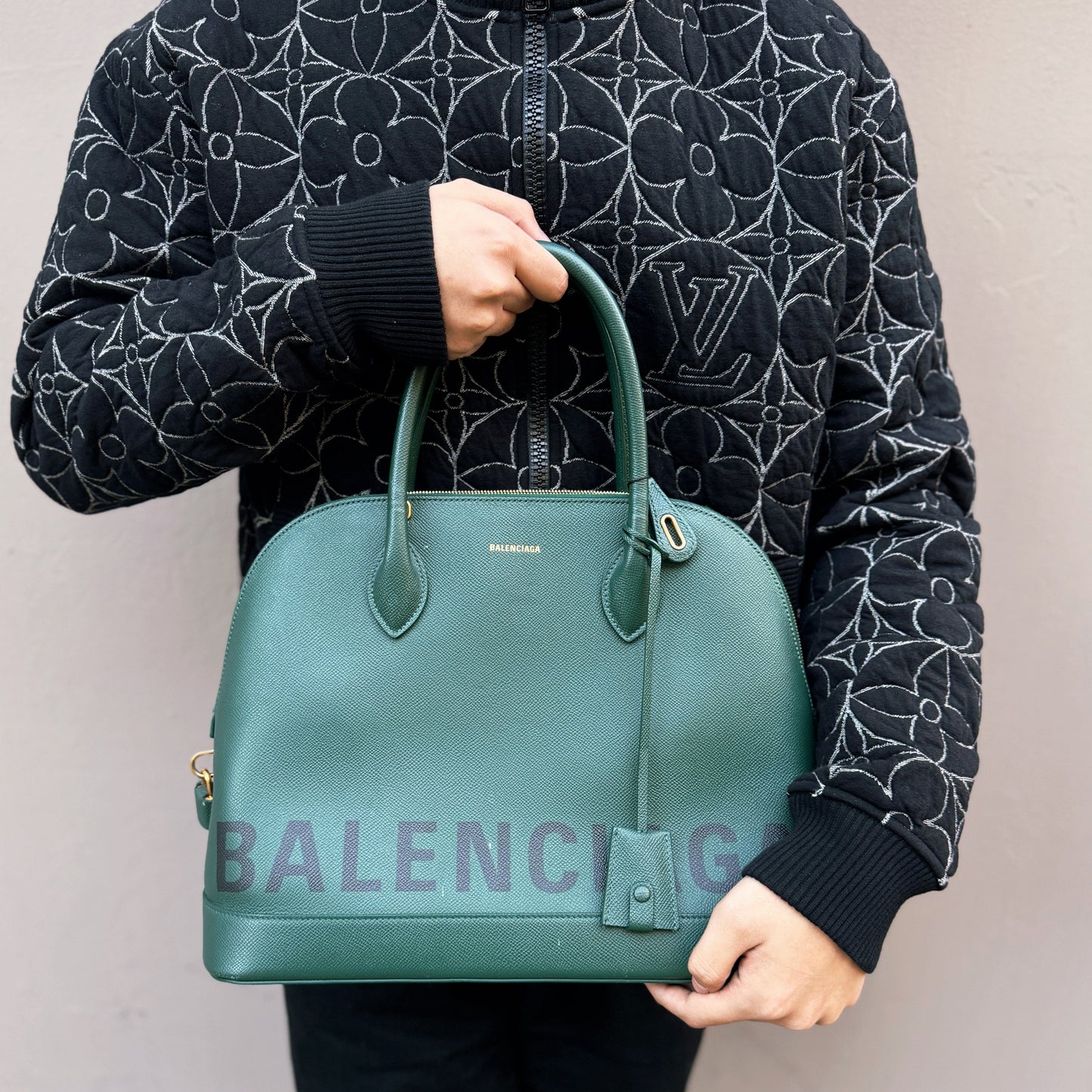 Balenciaga Logo Green Leather Ville Two-way Bag