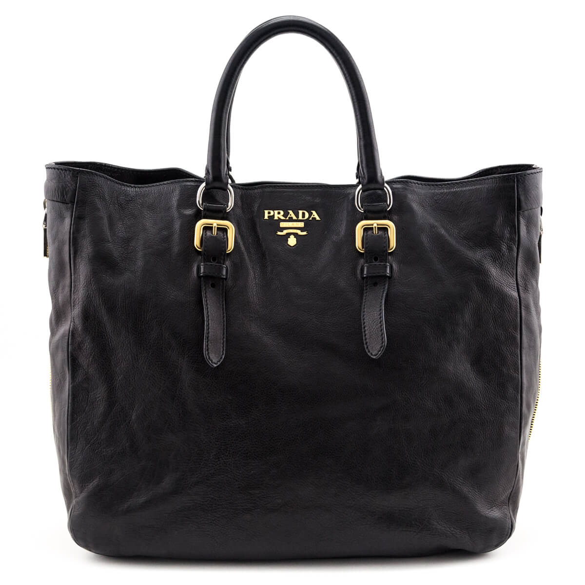 Prada Black Glace Calfskin Zippers Satchel