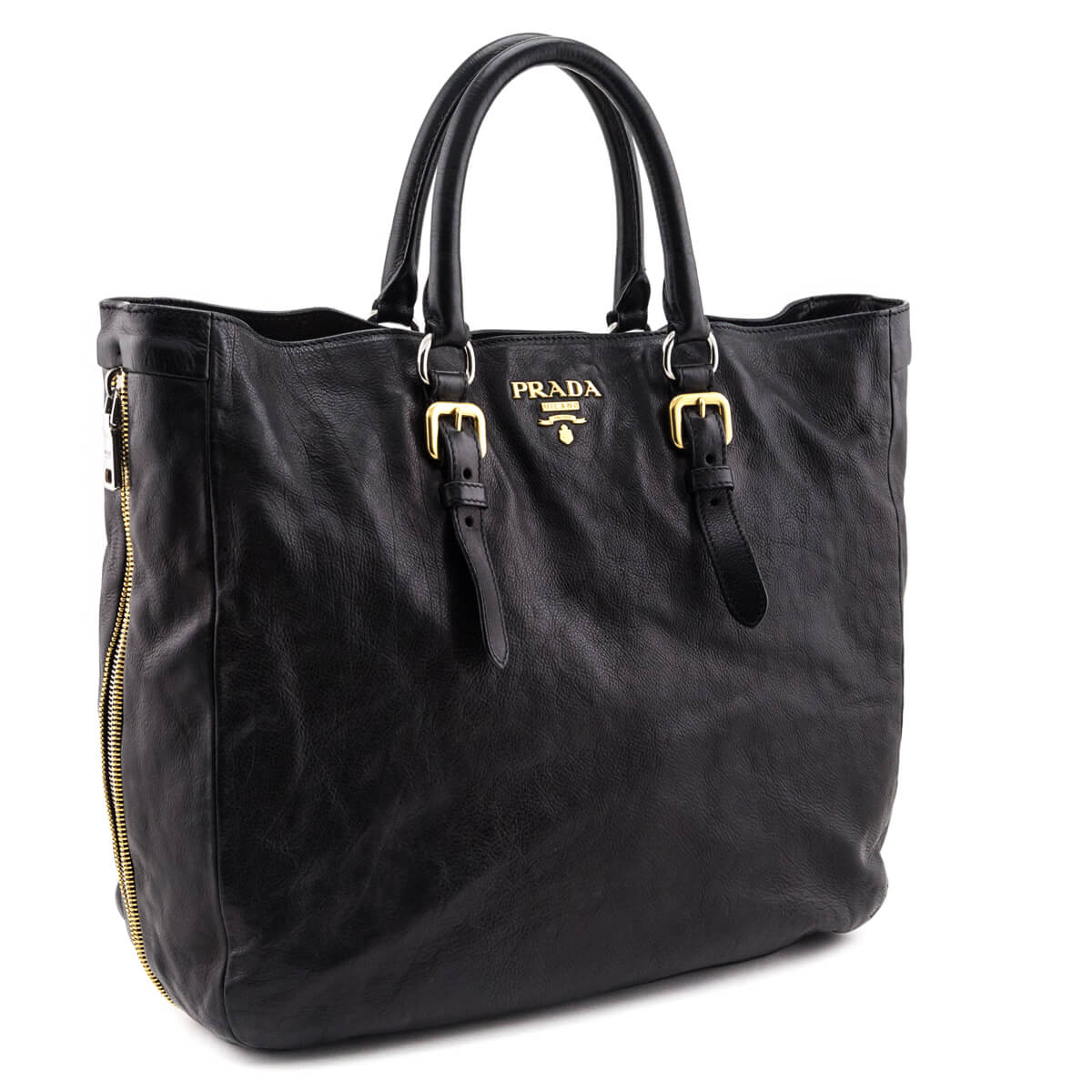 Prada Black Glace Calfskin Zippers Satchel