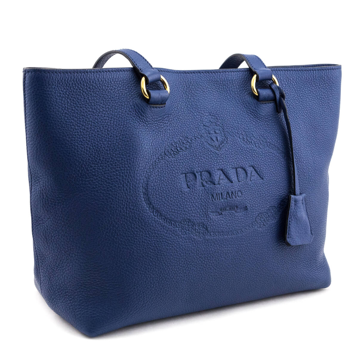 Prada Blue Vitello Daino Logo Tote