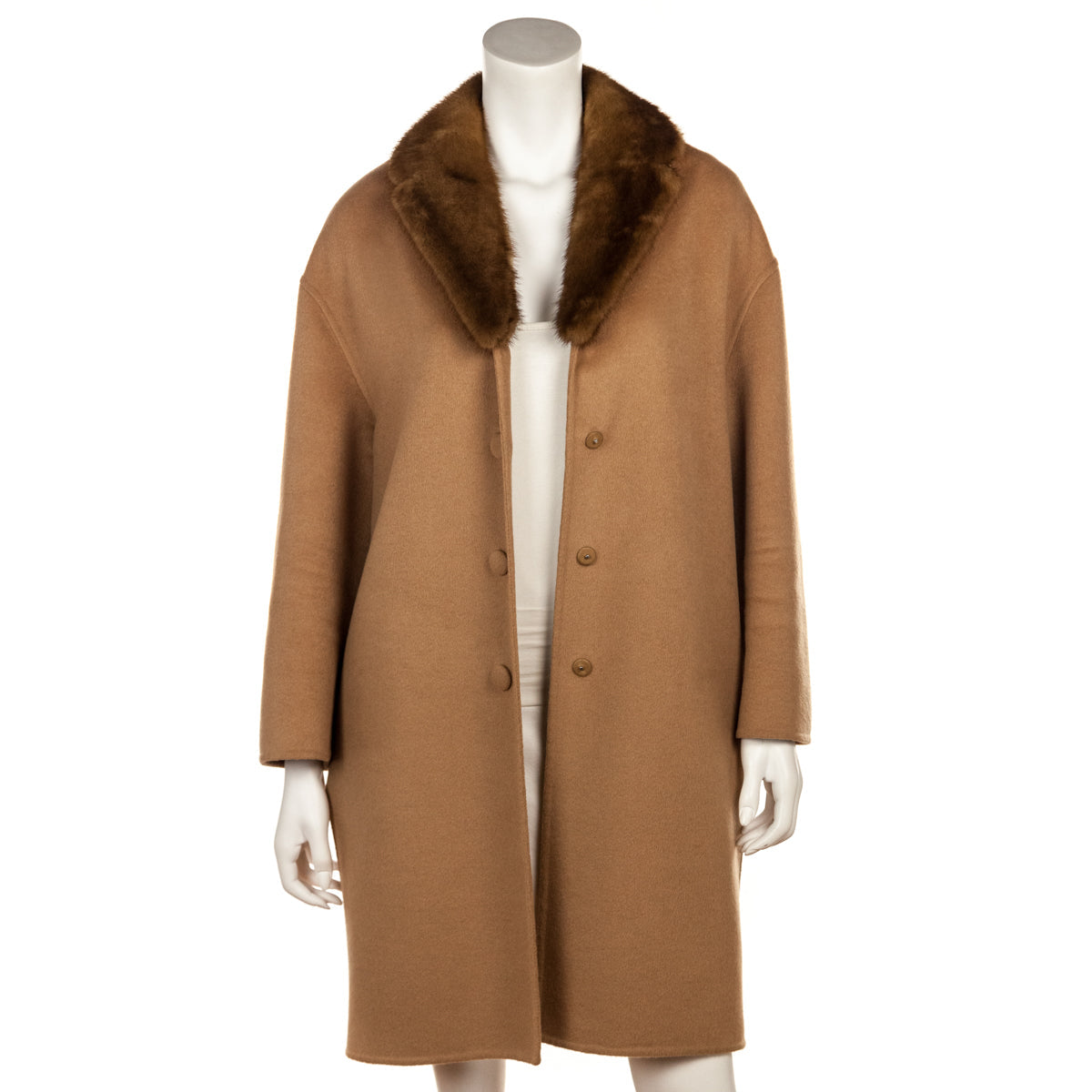 Prada Camel Wool Coat With Mink Collar Size US 8 | IT 44