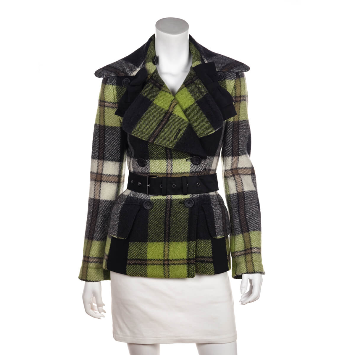 Prada Gray & Green Plaid Wool Belted Jacket Size XS | IT 38