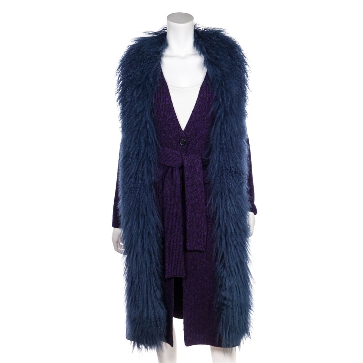 Prada Purple Knit Mongolian Lamb Embellished Belted Cardigan Size XS | IT 38