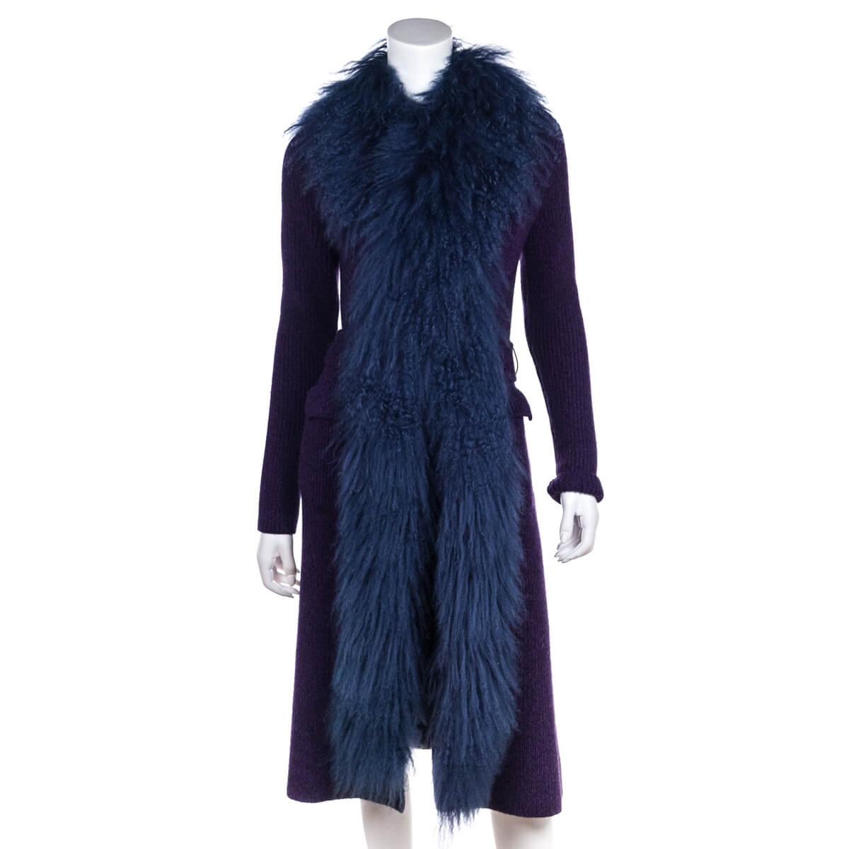 Prada Purple Knit Mongolian Lamb Embellished Belted Cardigan Size XS | IT 38