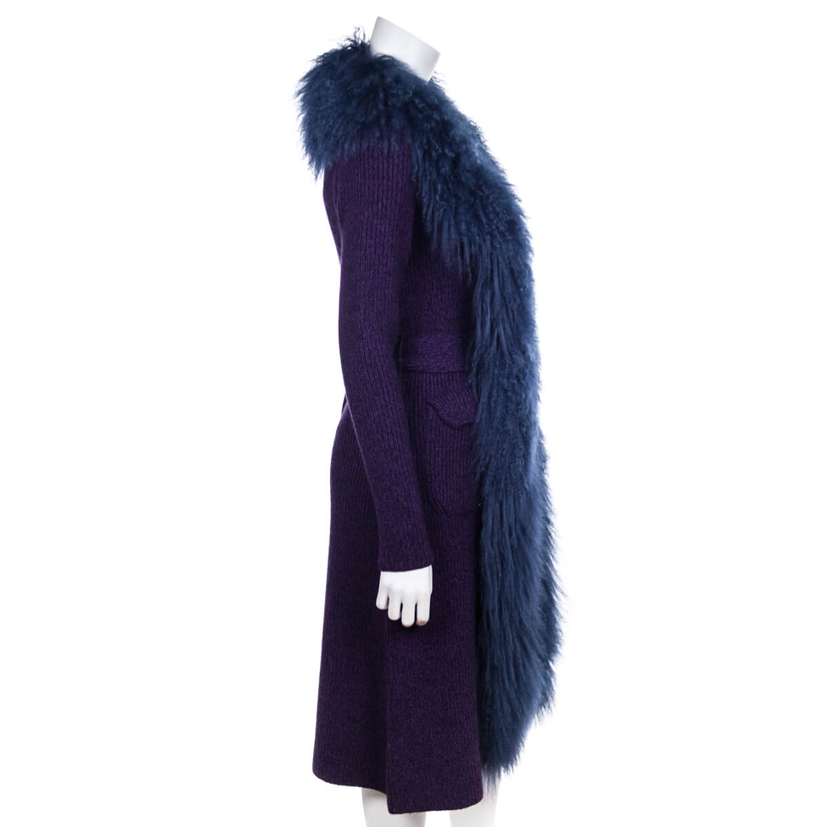 Prada Purple Knit Mongolian Lamb Embellished Belted Cardigan Size XS | IT 38
