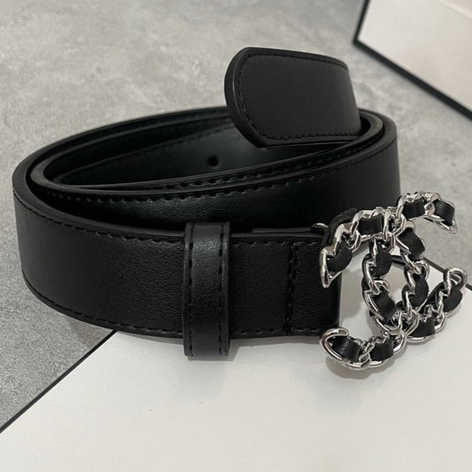CHANEL WOMEN'S BELT 30MM LEATHER BLACK BUCKLE SILVER BLACK