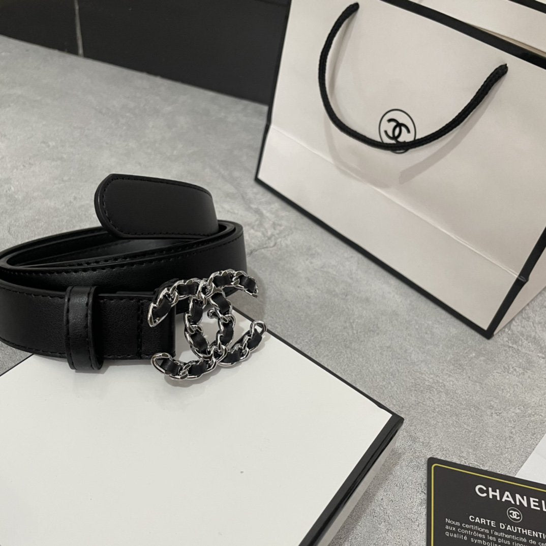 CHANEL WOMEN'S BELT 30MM LEATHER BLACK BUCKLE SILVER BLACK
