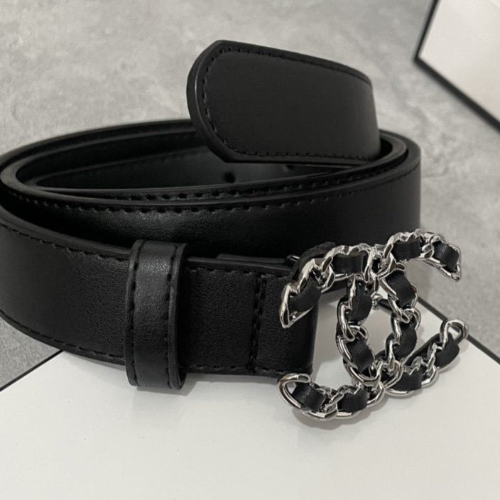 CHANEL WOMEN'S BELT 30MM LEATHER BLACK BUCKLE SILVER BLACK