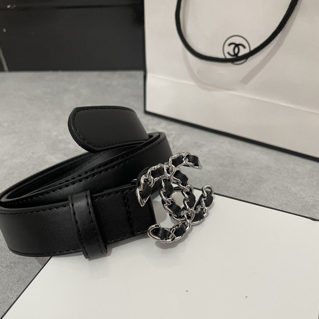 CHANEL WOMEN'S BELT 30MM LEATHER BLACK BUCKLE SILVER BLACK
