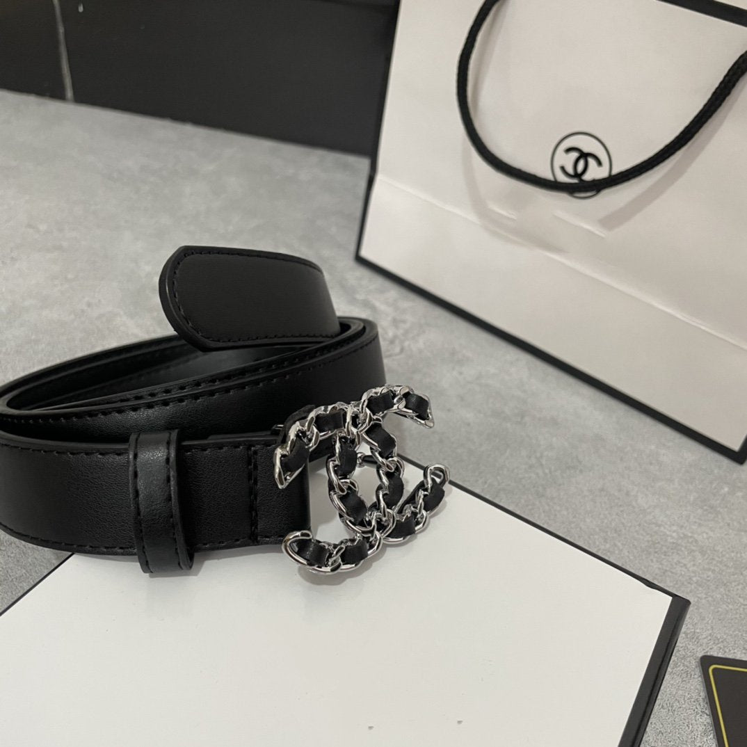 CHANEL WOMEN'S BELT 30MM LEATHER BLACK BUCKLE SILVER BLACK