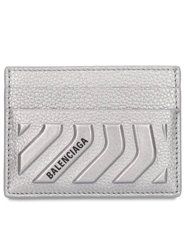 Balenciaga Logo Grain Card Wallet Silver