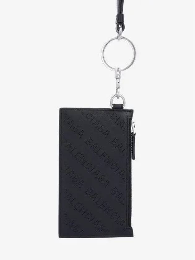 Balenciaga Logo Perforated Neck Strap Card Wallet Black