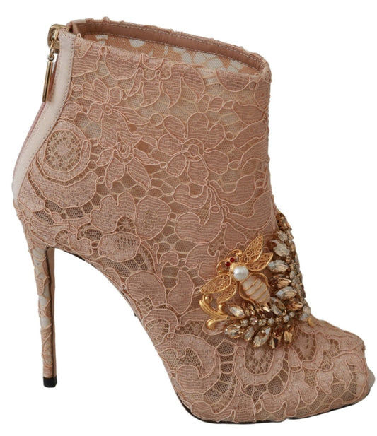 Dolce & Gabbana Pink Crystal Lace Booties Stilettos Women's Shoes