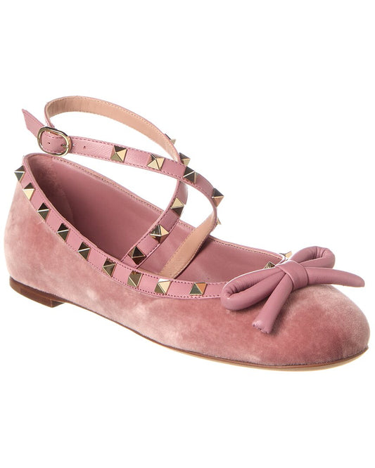 Valentino Rockstud Velvet & Leather Flat Pink