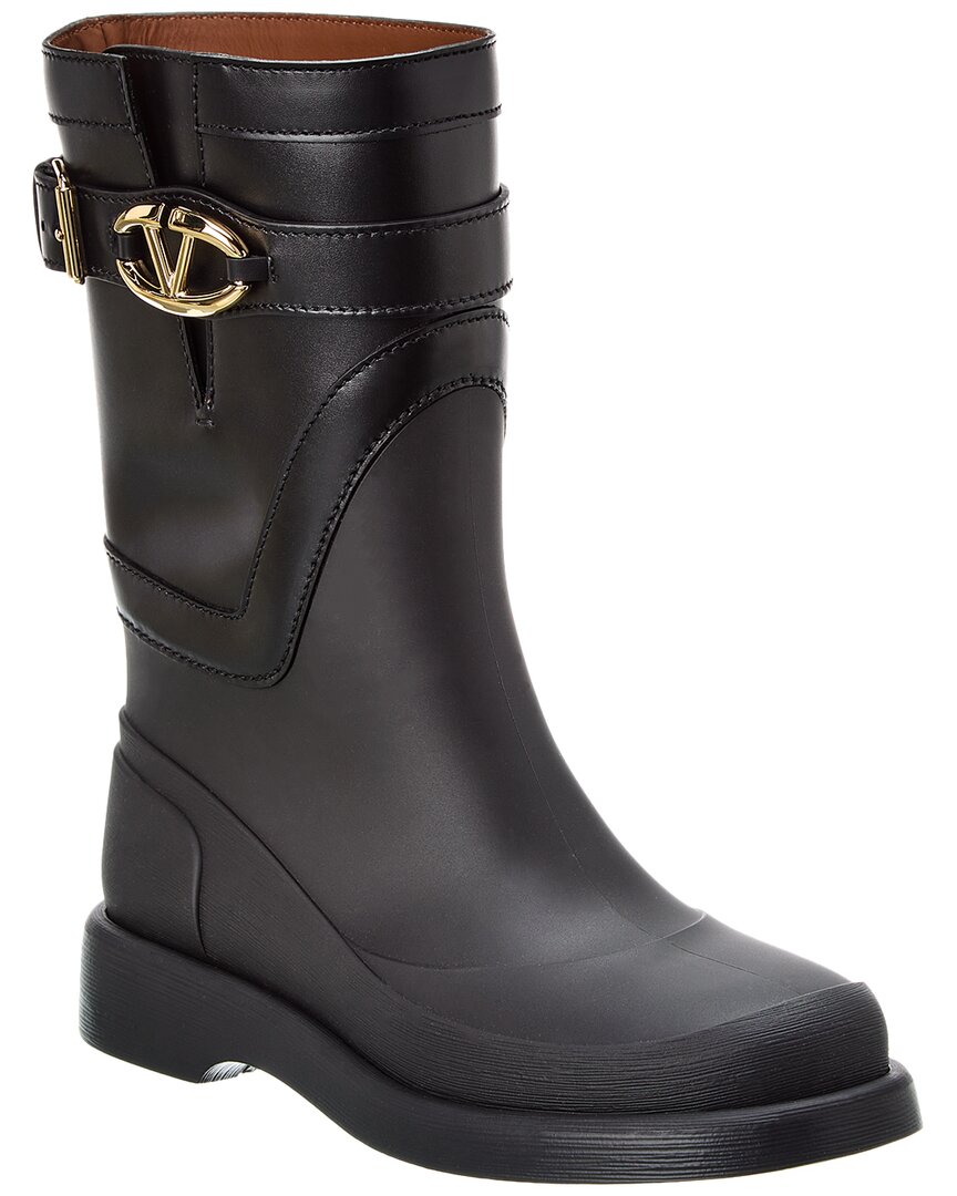 Valentino Vlogo Rubber & Leather Rain Boot Black
