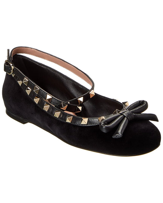 Valentino Rockstud Velvet & Leather Flat Black