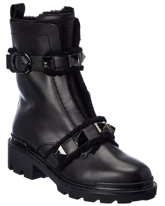 Valentino Roman Stud 40 Leather Combat Boot 40 Black