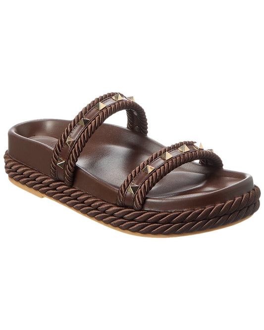 Valentino Rockstud 20 Leather Sandal Brown Multi