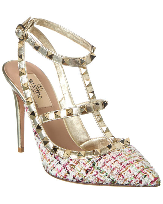 Valentino Rockstud 100 Tweed & Leather Pump White